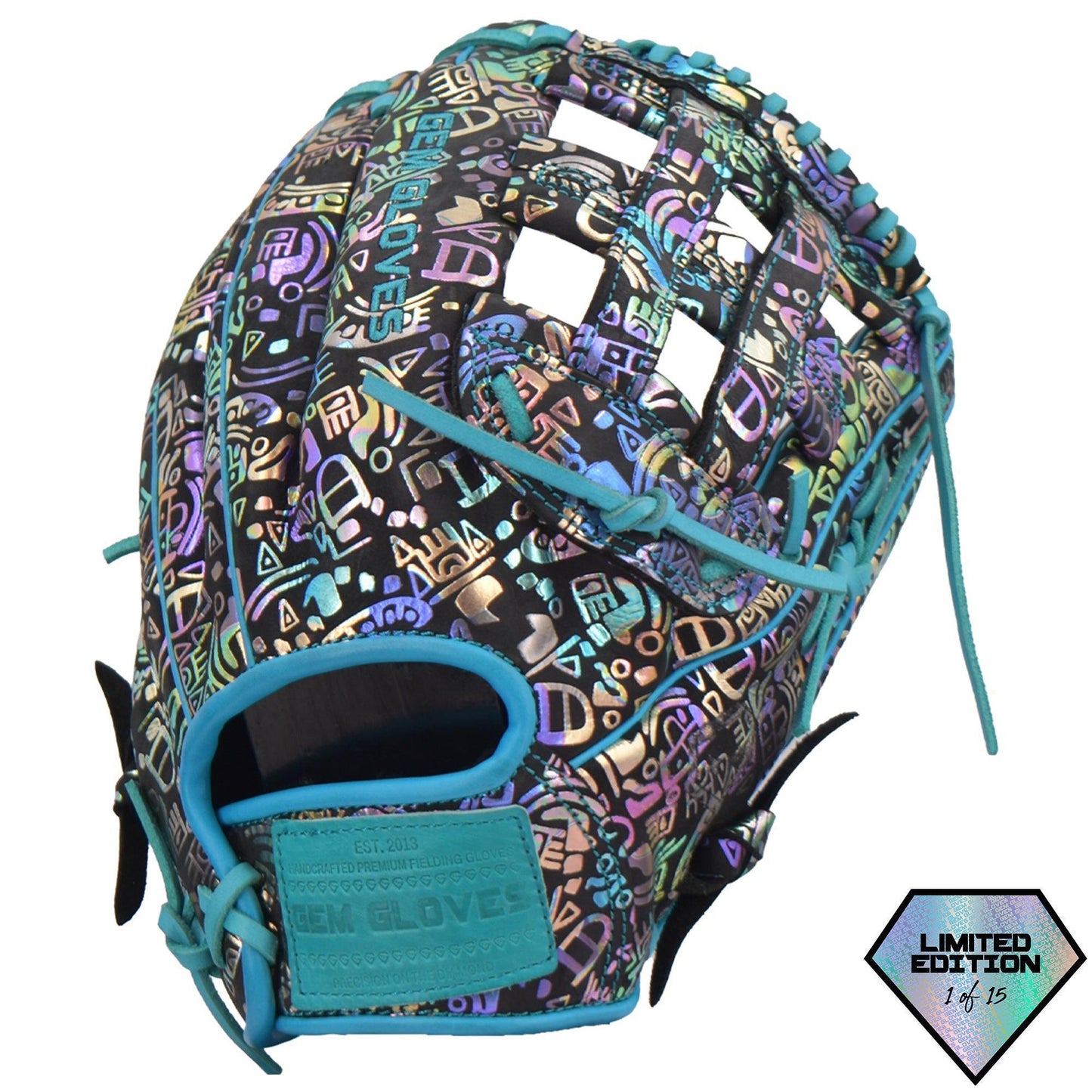Gem Gloves Softball Fielding Glove - GEM035 Holographic Aztec – Product View | Smash It Sports | leather, kip, pro