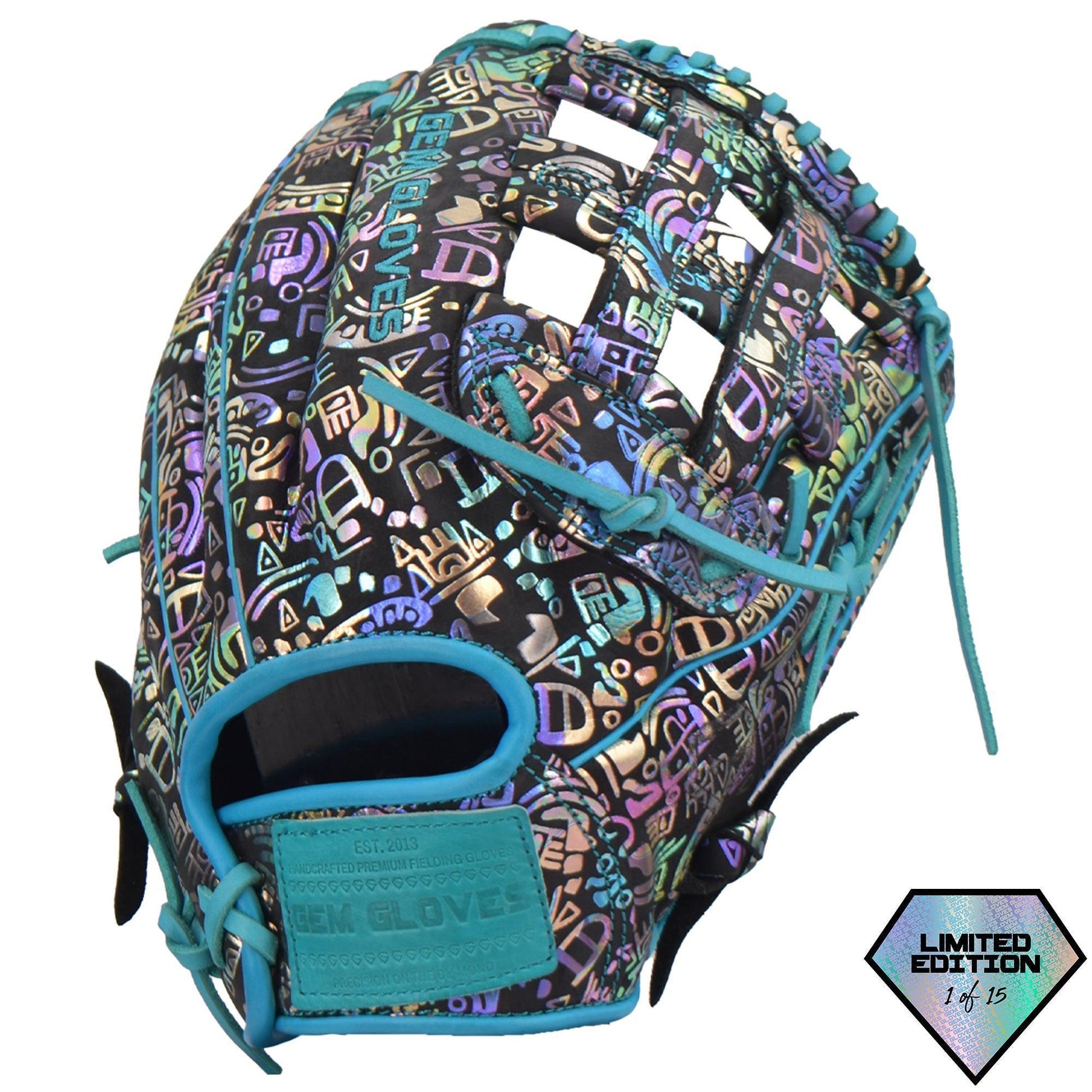 Gem Gloves Softball Fielding Glove - GEM035 Holographic Aztec – Product View | Smash It Sports | leather, kip, pro