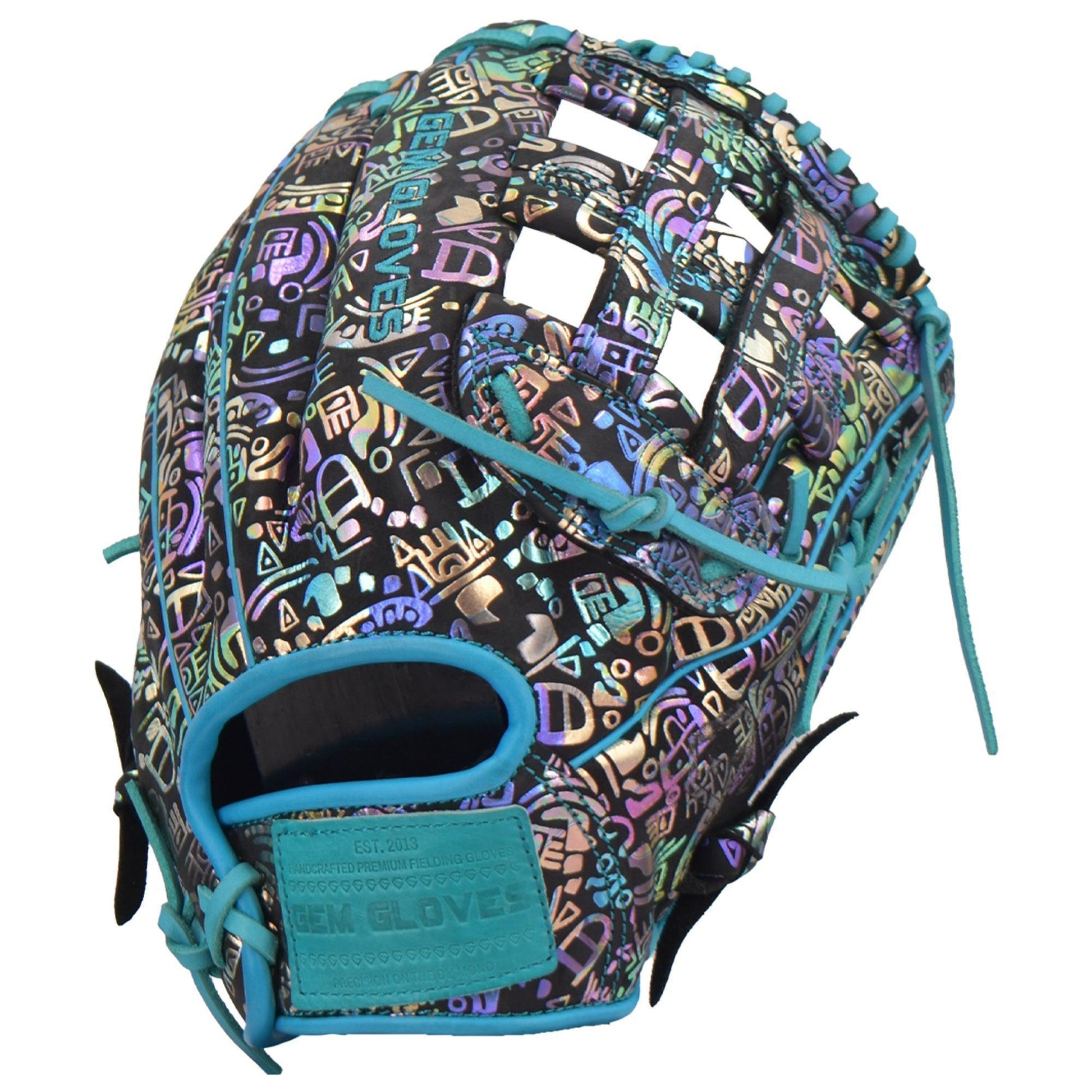 Gem Gloves Softball Fielding Glove - GEM035 Holographic Aztec – Product View | Smash It Sports | leather, kip, pro
