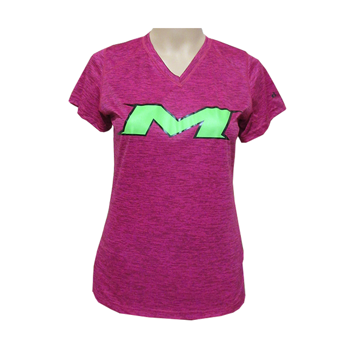 Miken Tonal Blend Ladies V-Neck Tee - Badger (Hot Pink - Black/Green)