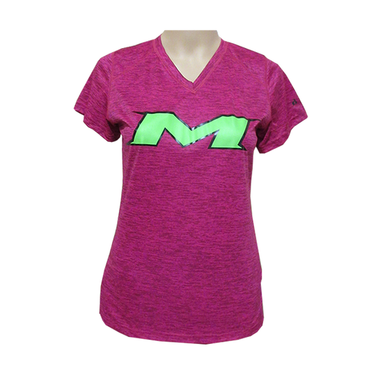 Miken Tonal Blend Ladies V-Neck Tee - Badger (Hot Pink - Black/Green)