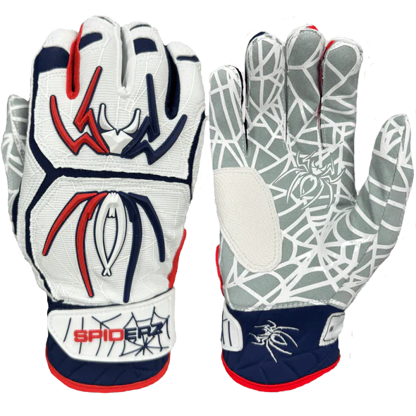 Spiderz HYBRID Batting Gloves - White/Red/Navy - Smash It Sports