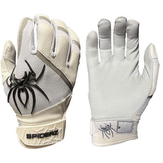 Spiderz PRO Batting Gloves - White/Black/Silver – Product View | Smash It Sports | leather, pro